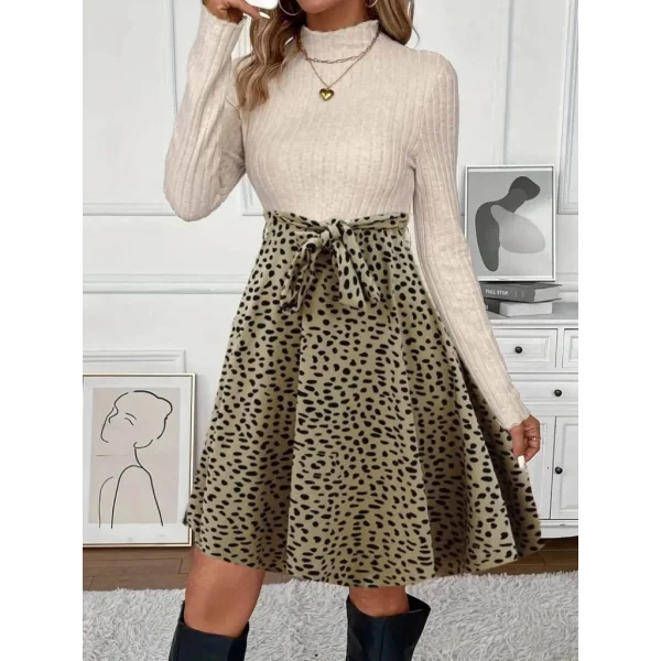 Kadın Uzun Kollu Balıkçı Yaka Belden Bağlamalı üst Kaşkorse Eteği Dalgıç Elbise