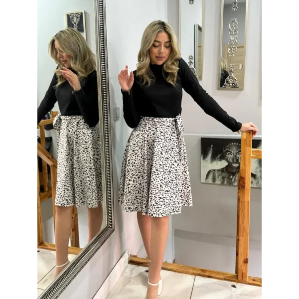 Kadın Uzun Kollu Balıkçı Yaka Belden Bağlamalı üst Kaşkorse Eteği Dalgıç Kısa Elbise