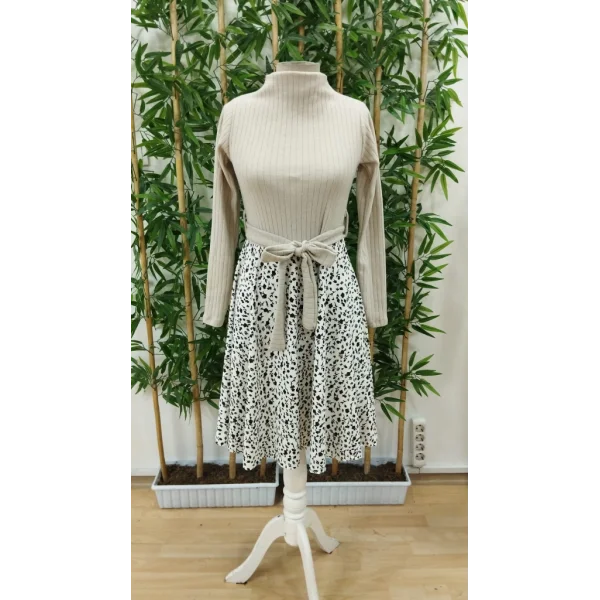 Kadın Uzun Kollu Balıkçı Yaka Belden Bağlamalı üst Kaşkorse Eteği Dalgıç Kısa Elbise