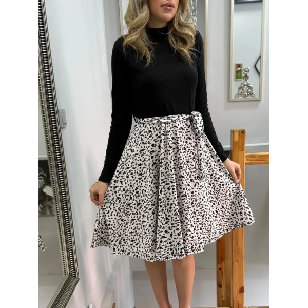 Kadın Uzun Kollu Balıkçı Yaka Belden Bağlamalı üst Kaşkorse Eteği Dalgıç Kısa Elbise