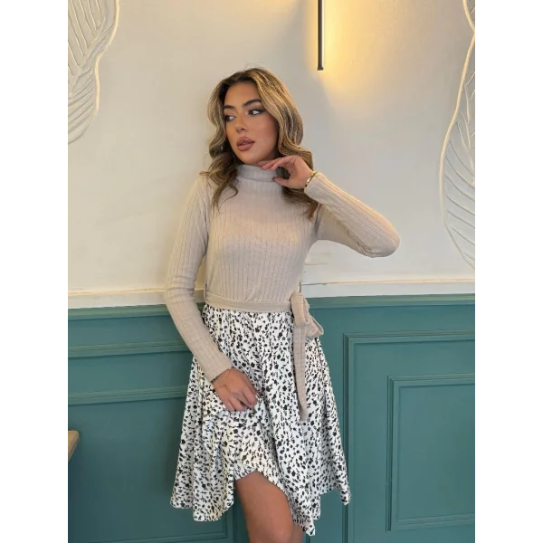 Kadın Uzun Kollu Balıkçı Yaka Belden Bağlamalı üst Kaşkorse Eteği Dalgıç Kısa Elbise