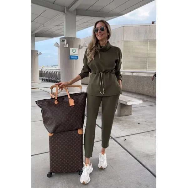 Kadın Uzun Kollu Balıkçı Yaka Belden Lastikli Modal Bluz Ve Pantolon Ikili Takım