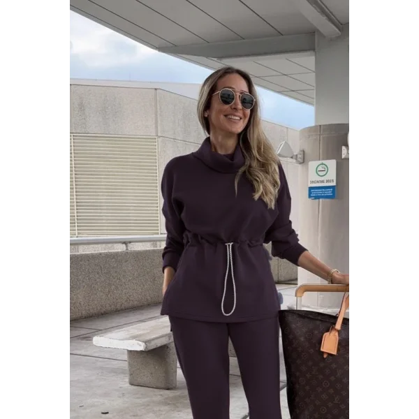 Kadın Uzun Kollu Balıkçı Yaka Belden Lastikli Modal Bluz Ve Pantolon Ikili Takım