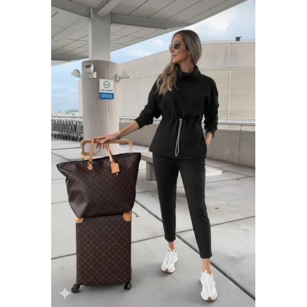 Kadın Uzun Kollu Balıkçı Yaka Belden Lastikli Modal Bluz Ve Pantolon Ikili Takım