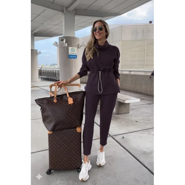 Kadın Uzun Kollu Balıkçı Yaka Belden Lastikli Modal Bluz Ve Pantolon Ikili Takım