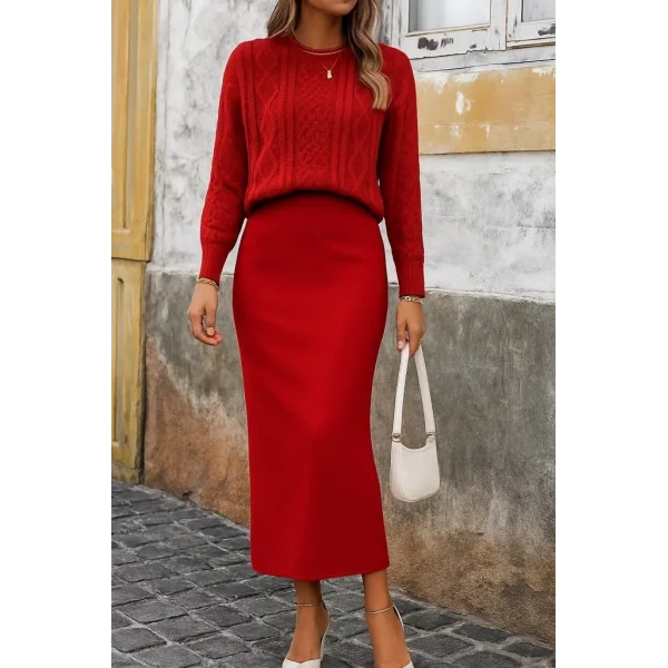 Kadın Uzun Kollu Balıkçı Yaka Bluz Ve Etek Ikili Triko Takım