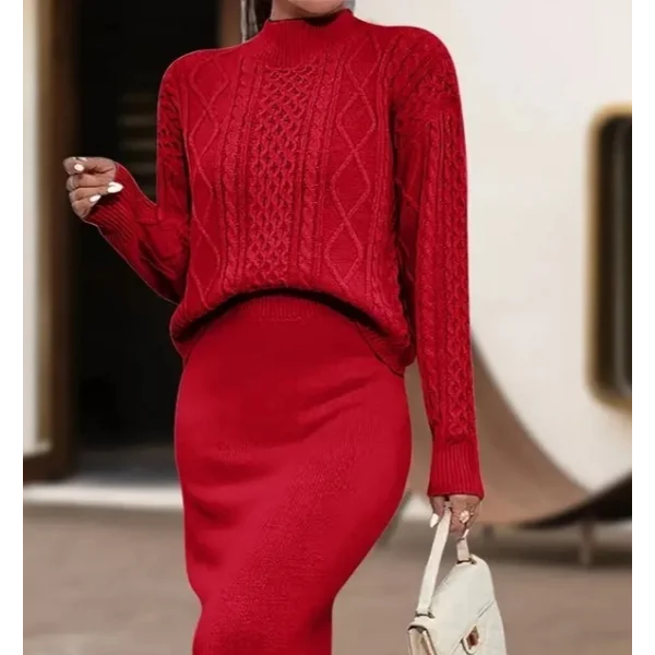 Kadın Uzun Kollu Balıkçı Yaka Bluz Ve Etek Ikili Triko Takım