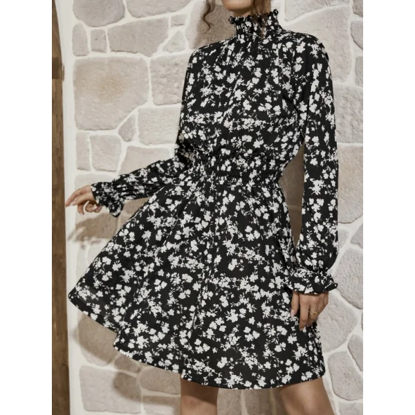 Kadın Uzun Kollu Balıkçı Yaka çiçek Baskılı Helen Kumaş Elbise