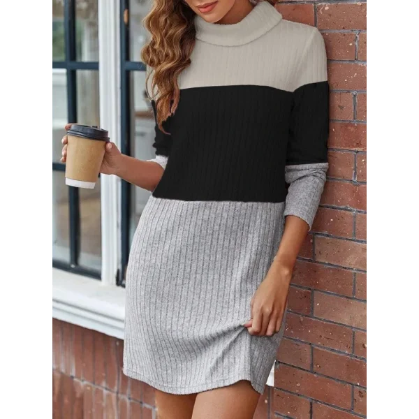 Kadın Uzun Kollu Balıkçı Yaka çizgili çok Renkli Mini şardonlu Kaşkorsel Elbise