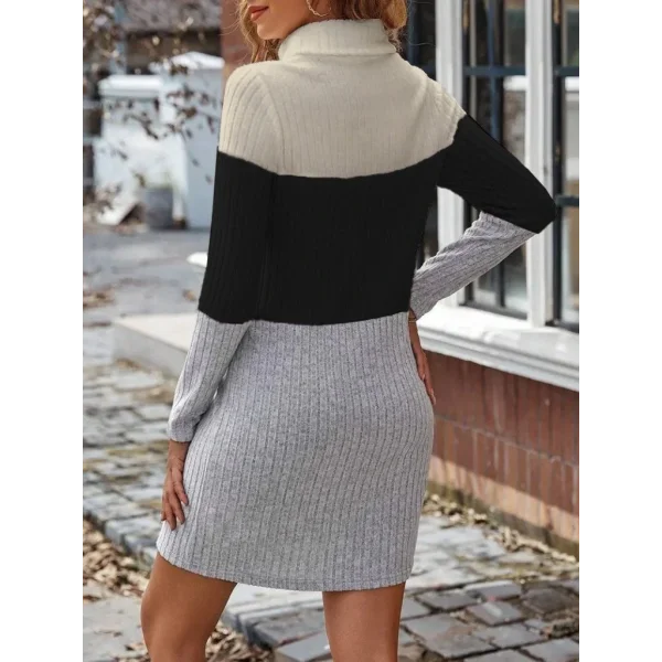 Kadın Uzun Kollu Balıkçı Yaka çizgili çok Renkli Mini şardonlu Kaşkorsel Elbise