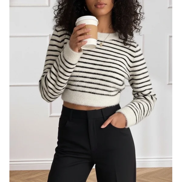 Kadın Uzun Kollu Balıkçı Yaka Crop Triko Bluz