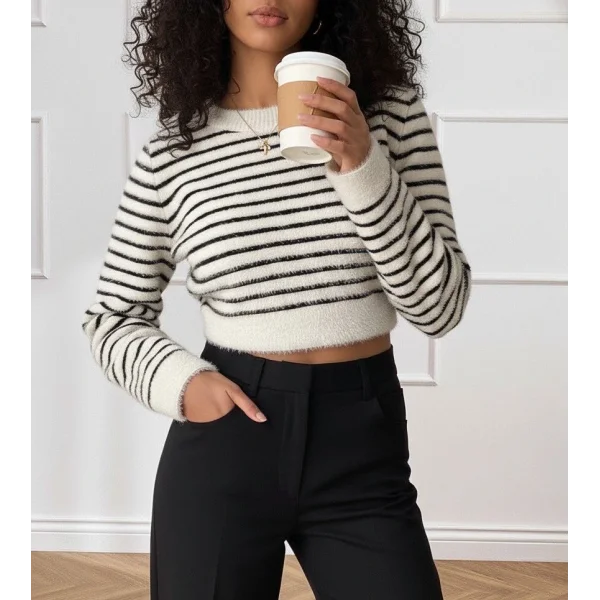 Kadın Uzun Kollu Balıkçı Yaka Crop Triko Bluz