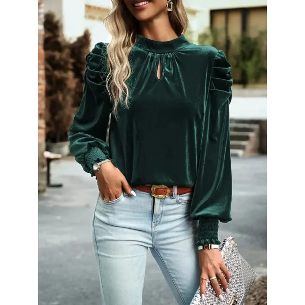 Kadın Uzun Kollu Balıkçı Yaka Damla Detaylı Kadife Bluz