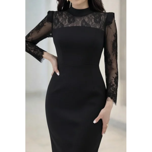 Kadın Uzun Kollu Balıkçı Yaka Dantel Detaylı Midi Ithal Krep Elbise