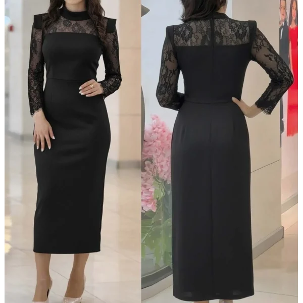 Kadın Uzun Kollu Balıkçı Yaka Dantel Detaylı Midi Ithal Krep Elbise