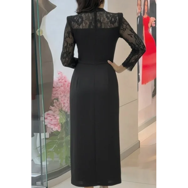 Kadın Uzun Kollu Balıkçı Yaka Dantel Detaylı Midi Ithal Krep Elbise