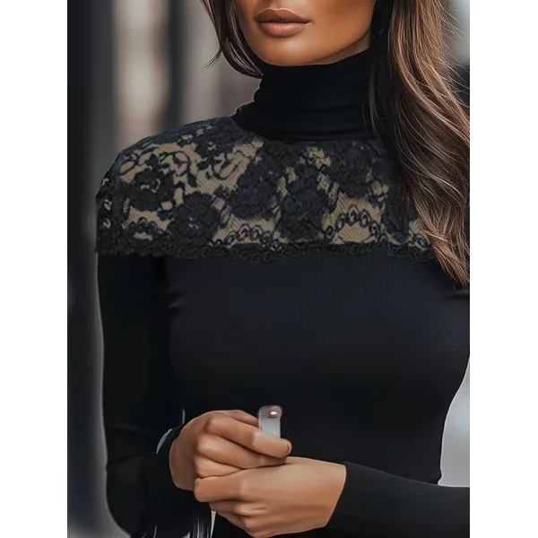 Kadın Uzun Kollu Balıkçı Yaka Dantelli Kaşkorse Bluz