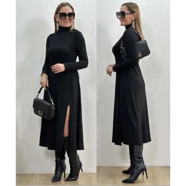 Kadın Uzun Kollu Balıkçı Yaka Derin Yırtmaç Detay Krep Elbise 120 Cm