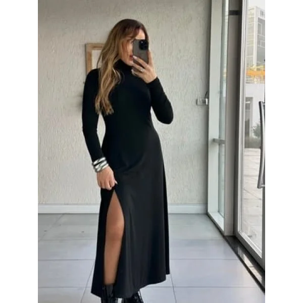 Kadın Uzun Kollu Balıkçı Yaka Derin Yırtmaç Detay Krep Elbise 120 Cm