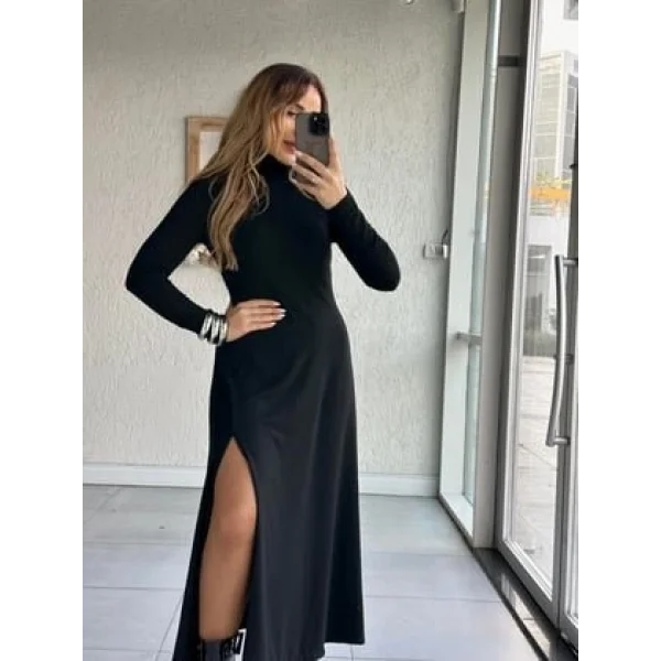 Kadın Uzun Kollu Balıkçı Yaka Derin Yırtmaç Detay Krep Elbise 120 Cm