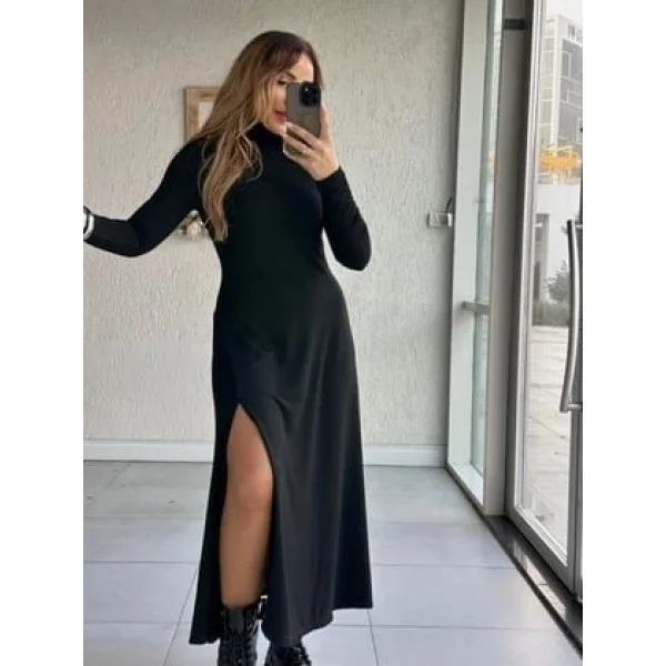 Kadın Uzun Kollu Balıkçı Yaka Derin Yırtmaç Detay Krep Elbise 120 Cm