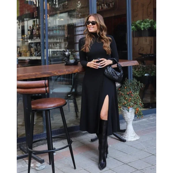 Kadın Uzun Kollu Balıkçı Yaka Derin Yırtmaç Detay Krep Elbise 120 Cm