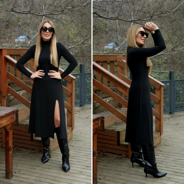 Kadın Uzun Kollu Balıkçı Yaka Derin Yırtmaç Detay Krep Elbise 120 Cm