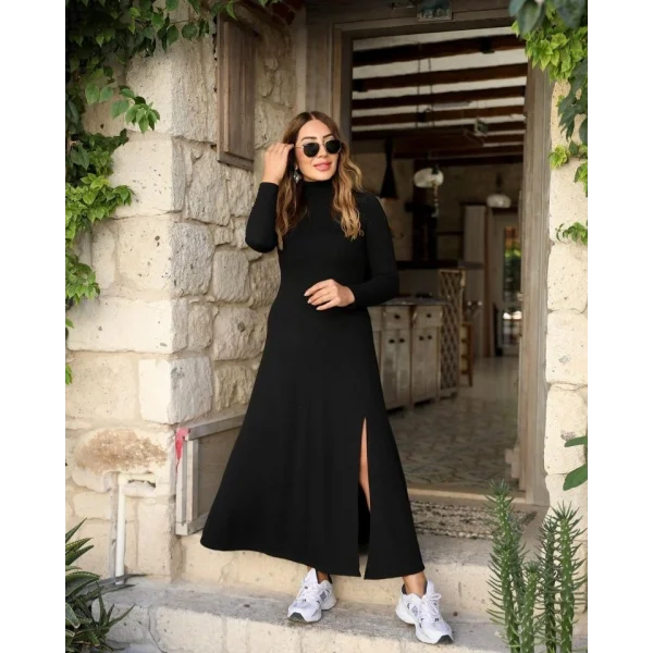 Kadın Uzun Kollu Balıkçı Yaka Derin Yırtmaç Detay Krep Elbise 120 Cm