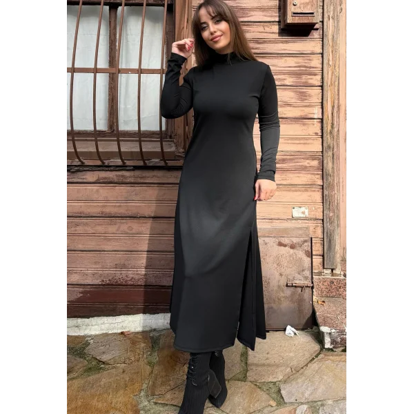 Kadın Uzun Kollu Balıkçı Yaka Derin Yırtmaç Detay Krep Elbise