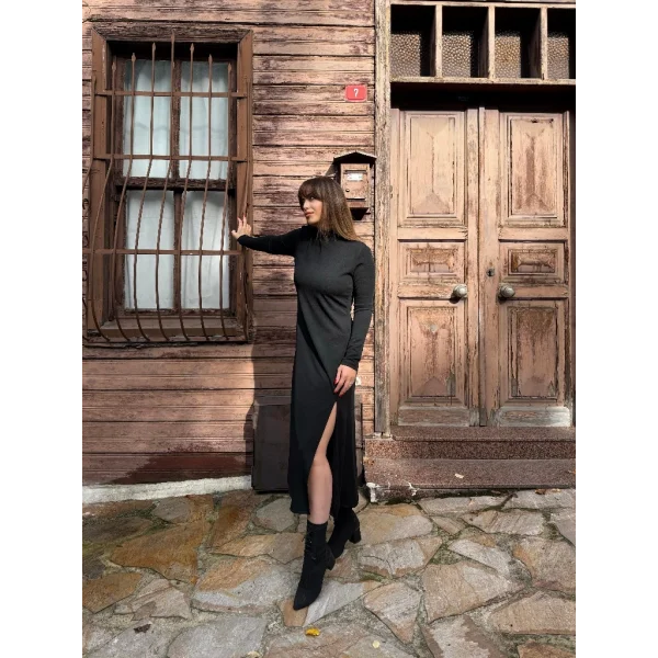 Kadın Uzun Kollu Balıkçı Yaka Derin Yırtmaç Detay Krep Elbise