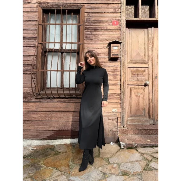 Kadın Uzun Kollu Balıkçı Yaka Derin Yırtmaç Detay Krep Elbise