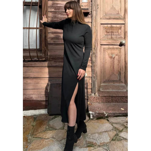 Kadın Uzun Kollu Balıkçı Yaka Derin Yırtmaç Detay Krep Elbise