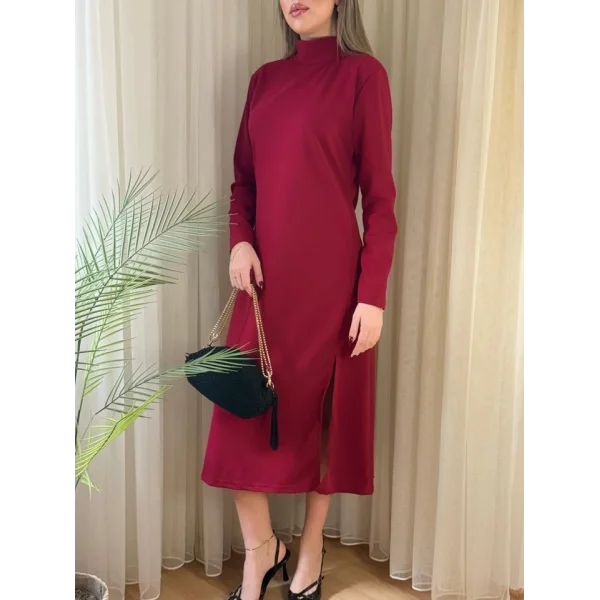 Kadın Uzun Kollu Balıkçı Yaka Derin Yırtmaç Detay Krep Elbise