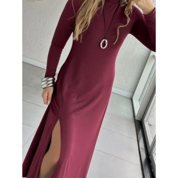 Kadın Uzun Kollu Balıkçı Yaka Derin Yırtmaç Detay Krep Elbise