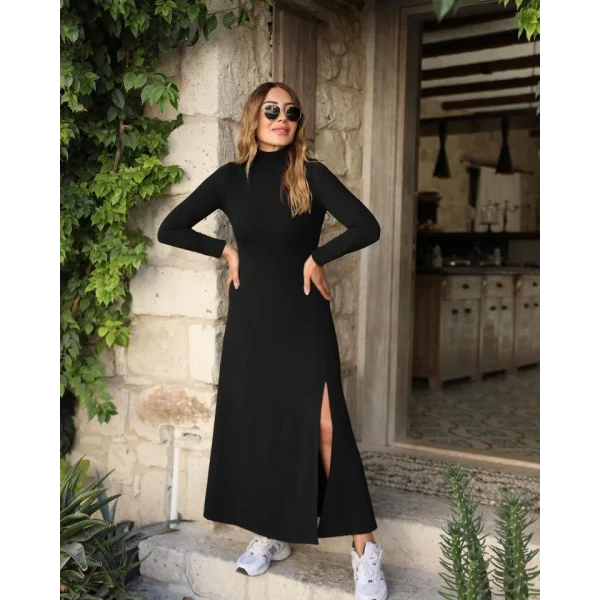 Kadın Uzun Kollu Balıkçı Yaka Derin Yırtmaç Detay Krep Elbise