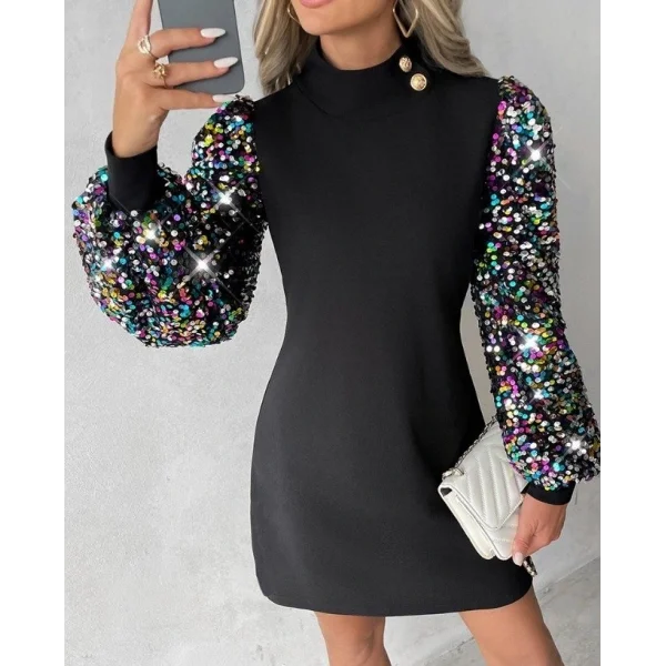 Kadın Uzun Kollu Balıkçı Yaka Düğme Detay Renkli Pul Payet Kol Scuba Krep Elbise