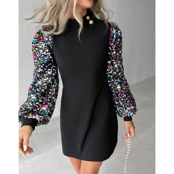 Kadın Uzun Kollu Balıkçı Yaka Düğme Detay Renkli Pul Payet Kol Scuba Krep Elbise