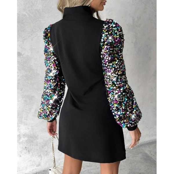 Kadın Uzun Kollu Balıkçı Yaka Düğme Detay Renkli Pul Payet Kol Scuba Krep Elbise
