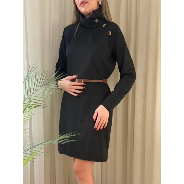 Kadın Uzun Kollu Balıkçı Yaka Düğme Detaylı Kısa şardonlu Dalgıç Elbise