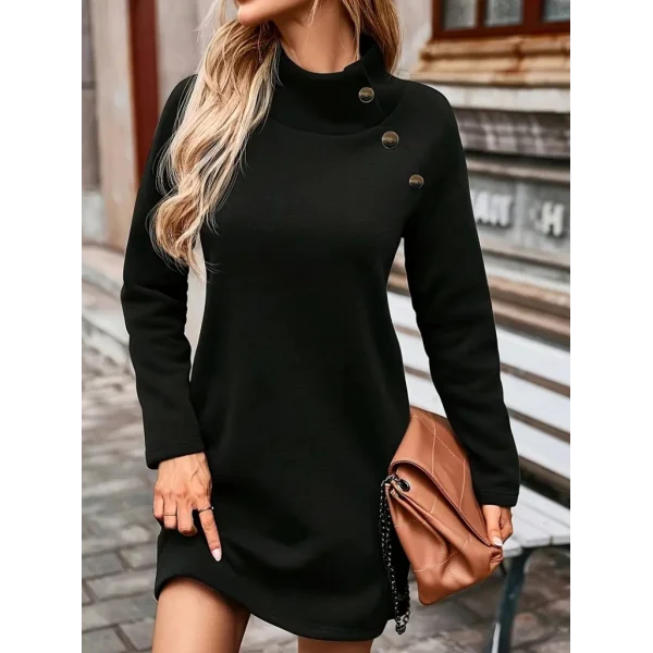 Kadın Uzun Kollu Balıkçı Yaka Düğme Detaylı Kısa şardonlu Dalgıç Elbise