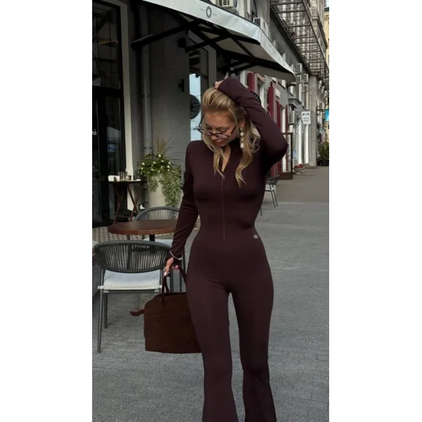 Kadın Uzun Kollu Balıkçı Yaka Fermuar Detay Ispanyol Paça Tulum