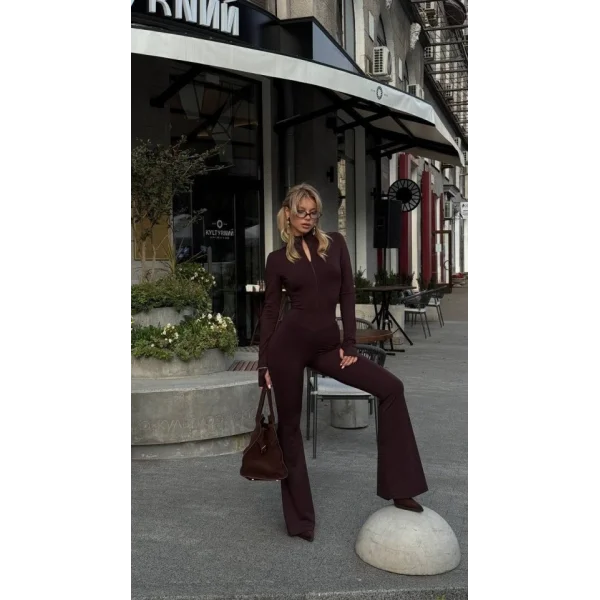 Kadın Uzun Kollu Balıkçı Yaka Fermuar Detay Ispanyol Paça Tulum