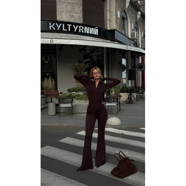 Kadın Uzun Kollu Balıkçı Yaka Fermuar Detay Ispanyol Paça Tulum