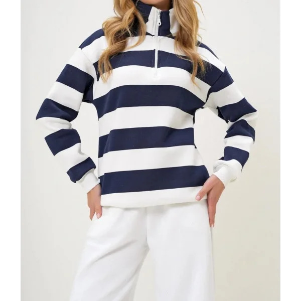 Kadın Uzun Kollu Balıkçı Yaka Fermuar Detay şeritli üç Iplik Kumaş Sweat