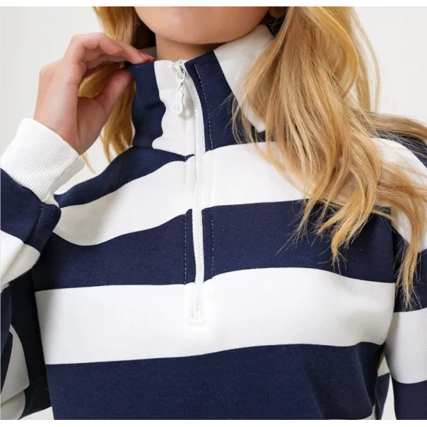 Kadın Uzun Kollu Balıkçı Yaka Fermuar Detay şeritli üç Iplik Kumaş Sweat