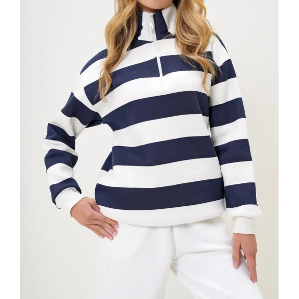 Kadın Uzun Kollu Balıkçı Yaka Fermuar Detay şeritli üç Iplik Kumaş Sweat