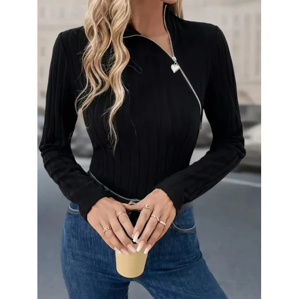 Kadın Uzun Kollu Balıkçı Yaka Fermuarlı Kaşkorse Bluz