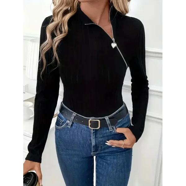 Kadın Uzun Kollu Balıkçı Yaka Fermuarlı Kaşkorse Bluz