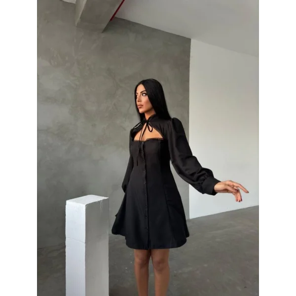 Kadın Uzun Kollu Balıkçı Yaka Göğüs Detay Diz üstü Elbise