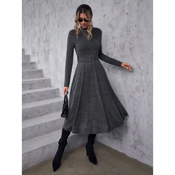 Kadın Uzun Kollu Balıkçı Yaka Kemer Detaylı Yumoş Midi Elbise